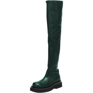 imageFSJ Women Fashion Flat Over The Knee Boots Thigh High Long Booties Stretch Platform Leather Round Closed Toe Side Zipper Fall Winter Shoes for Ladies Girls Party Club Dress Size 415 USGreen