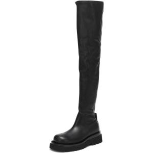 imageFSJ Women Fashion Flat Over The Knee Boots Thigh High Long Booties Stretch Platform Leather Round Closed Toe Side Zipper Fall Winter Shoes for Ladies Girls Party Club Dress Size 415 USBlack