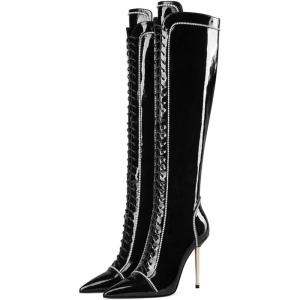 imageFSJ Women Fashion Lace up Stiletto High Heels Under the Knee Boots Pointed Toe Rhinestone Strappy Heeled Booties with Zipper Size 415 USBlack