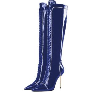 imageFSJ Women Fashion Lace up Stiletto High Heels Under the Knee Boots Pointed Toe Rhinestone Strappy Heeled Booties with Zipper Size 415 USBlue