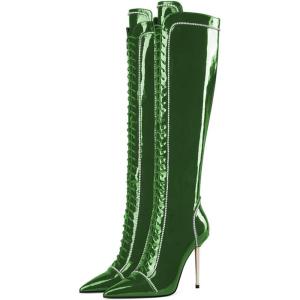 imageFSJ Women Fashion Lace up Stiletto High Heels Under the Knee Boots Pointed Toe Rhinestone Strappy Heeled Booties with Zipper Size 415 USGreen