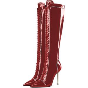 imageFSJ Women Fashion Lace up Stiletto High Heels Under the Knee Boots Pointed Toe Rhinestone Strappy Heeled Booties with Zipper Size 415 USRed