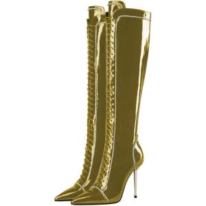 imageFSJ Women Fashion Lace up Stiletto High Heels Under the Knee Boots Pointed Toe Rhinestone Strappy Heeled Booties with Zipper Size 415 USYellow