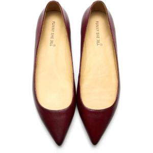 imageFSJ Women Leather Pointed Toe Flat Pumps Low Heel Slip On Comfortable Office Dress Shoes Size 412 USWine Red