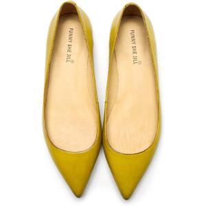 imageFSJ Women Leather Pointed Toe Flat Pumps Low Heel Slip On Comfortable Office Dress Shoes Size 412 USYellow