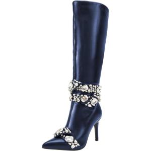 imageFSJ Women Rhinestone Crystal Knee High Boots Pointed Toe Stiletto Heel Boots Side Zipper Gemstone Strap Fashion Party Dress Shoes Size 416 USBlue