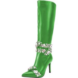 imageFSJ Women Rhinestone Crystal Knee High Boots Pointed Toe Stiletto Heel Boots Side Zipper Gemstone Strap Fashion Party Dress Shoes Size 416 USEmerald
