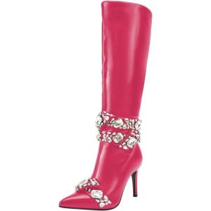 imageFSJ Women Rhinestone Crystal Knee High Boots Pointed Toe Stiletto Heel Boots Side Zipper Gemstone Strap Fashion Party Dress Shoes Size 416 USFuchsia