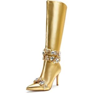 imageFSJ Women Rhinestone Crystal Knee High Boots Pointed Toe Stiletto Heel Boots Side Zipper Gemstone Strap Fashion Party Dress Shoes Size 416 USGold