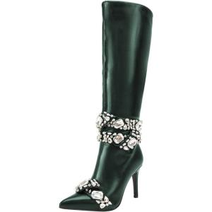 imageFSJ Women Rhinestone Crystal Knee High Boots Pointed Toe Stiletto Heel Boots Side Zipper Gemstone Strap Fashion Party Dress Shoes Size 416 USGreen