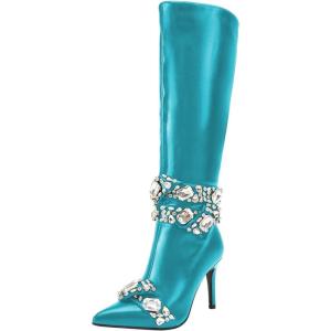 imageFSJ Women Rhinestone Crystal Knee High Boots Pointed Toe Stiletto Heel Boots Side Zipper Gemstone Strap Fashion Party Dress Shoes Size 416 USLake Blue