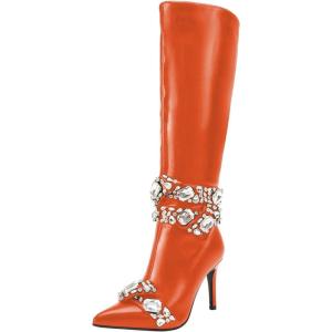 imageFSJ Women Rhinestone Crystal Knee High Boots Pointed Toe Stiletto Heel Boots Side Zipper Gemstone Strap Fashion Party Dress Shoes Size 416 USOrange