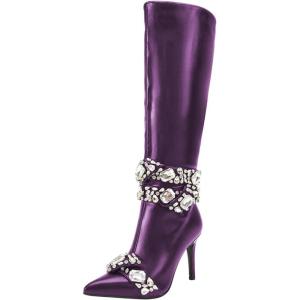 imageFSJ Women Rhinestone Crystal Knee High Boots Pointed Toe Stiletto Heel Boots Side Zipper Gemstone Strap Fashion Party Dress Shoes Size 416 USPurple