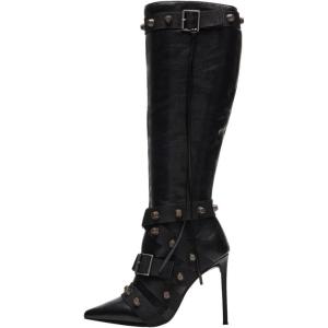 imageFSJ Women Sexy Knee High Boots Pointed Toe Rivets Strappy Tassels Stiletto High Heel Side Zipper Fashion Stripper Party Dressy Shoes Size 416 USBlack
