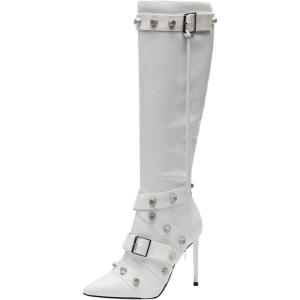 imageFSJ Women Sexy Knee High Boots Pointed Toe Rivets Strappy Tassels Stiletto High Heel Side Zipper Fashion Stripper Party Dressy Shoes Size 416 USWhite