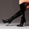 imageFSJ Women Patent Leather PU Pointed Toe Knee High Booties Winter Waterproof Slim High Heel MidCalf Boots Side Zipper Trendy Boots Size 415 USBlack