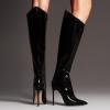 imageFSJ Women Patent Leather PU Pointed Toe Knee High Booties Winter Waterproof Slim High Heel MidCalf Boots Side Zipper Trendy Boots Size 415 USBlack