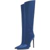 imageFSJ Women Patent Leather PU Pointed Toe Knee High Booties Winter Waterproof Slim High Heel MidCalf Boots Side Zipper Trendy Boots Size 415 USBlue
