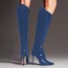 imageFSJ Women Patent Leather PU Pointed Toe Knee High Booties Winter Waterproof Slim High Heel MidCalf Boots Side Zipper Trendy Boots Size 415 USBlue