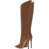 imageFSJ Women Patent Leather PU Pointed Toe Knee High Booties Winter Waterproof Slim High Heel MidCalf Boots Side Zipper Trendy Boots Size 415 USBrown