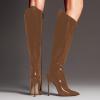 imageFSJ Women Patent Leather PU Pointed Toe Knee High Booties Winter Waterproof Slim High Heel MidCalf Boots Side Zipper Trendy Boots Size 415 USBrown