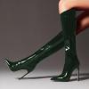 imageFSJ Women Patent Leather PU Pointed Toe Knee High Booties Winter Waterproof Slim High Heel MidCalf Boots Side Zipper Trendy Boots Size 415 USDark Green