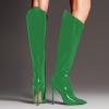 imageFSJ Women Patent Leather PU Pointed Toe Knee High Booties Winter Waterproof Slim High Heel MidCalf Boots Side Zipper Trendy Boots Size 415 USGreen