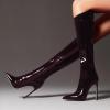 imageFSJ Women Patent Leather PU Pointed Toe Knee High Booties Winter Waterproof Slim High Heel MidCalf Boots Side Zipper Trendy Boots Size 415 USMaroon