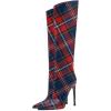 imageFSJ Women Patent Leather PU Pointed Toe Knee High Booties Winter Waterproof Slim High Heel MidCalf Boots Side Zipper Trendy Boots Size 415 USPlaid