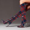 imageFSJ Women Patent Leather PU Pointed Toe Knee High Booties Winter Waterproof Slim High Heel MidCalf Boots Side Zipper Trendy Boots Size 415 USPlaid