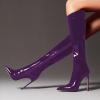 imageFSJ Women Patent Leather PU Pointed Toe Knee High Booties Winter Waterproof Slim High Heel MidCalf Boots Side Zipper Trendy Boots Size 415 USPurple