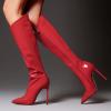 imageFSJ Women Patent Leather PU Pointed Toe Knee High Booties Winter Waterproof Slim High Heel MidCalf Boots Side Zipper Trendy Boots Size 415 USRed