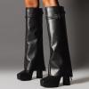 imageFSJ Women Platform Chunky Heel Knee High Boots Fold Over Closed Square Toe Back Zipper High Heels Wide Calf Chic Casual Daily Boots Size 416 USBlack