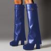 imageFSJ Women Platform Chunky Heel Knee High Boots Fold Over Closed Square Toe Back Zipper High Heels Wide Calf Chic Casual Daily Boots Size 416 USBlue