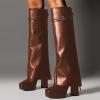 imageFSJ Women Platform Chunky Heel Knee High Boots Fold Over Closed Square Toe Back Zipper High Heels Wide Calf Chic Casual Daily Boots Size 416 USBrown