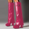 imageFSJ Women Platform Chunky Heel Knee High Boots Fold Over Closed Square Toe Back Zipper High Heels Wide Calf Chic Casual Daily Boots Size 416 USDeep Pink