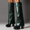 imageFSJ Women Platform Chunky Heel Knee High Boots Fold Over Closed Square Toe Back Zipper High Heels Wide Calf Chic Casual Daily Boots Size 416 USGreen