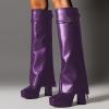 imageFSJ Women Platform Chunky Heel Knee High Boots Fold Over Closed Square Toe Back Zipper High Heels Wide Calf Chic Casual Daily Boots Size 416 USPurple