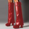 imageFSJ Women Platform Chunky Heel Knee High Boots Fold Over Closed Square Toe Back Zipper High Heels Wide Calf Chic Casual Daily Boots Size 416 USRed