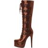 imageFSJ Women Platform Knee High Boots Buckled Strappy Round Toe Laceup Zipper Tall Stiletto High Heel Long Boots Evening Dress Shoes Size 416 USBrown