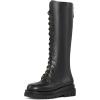 imageFSJ Women Stylish Knee High Boots Chunky Low Flat Heel LaceUp Closed Toe Mid Calf Riding Boot with Back Zipper Fall Winter Long Boots Size 415 USBlack