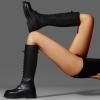 imageFSJ Women Stylish Knee High Boots Chunky Low Flat Heel LaceUp Closed Toe Mid Calf Riding Boot with Back Zipper Fall Winter Long Boots Size 415 USBlack