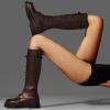 imageFSJ Women Stylish Knee High Boots Chunky Low Flat Heel LaceUp Closed Toe Mid Calf Riding Boot with Back Zipper Fall Winter Long Boots Size 415 USBrown
