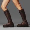 imageFSJ Women Stylish Knee High Boots Chunky Low Flat Heel LaceUp Closed Toe Mid Calf Riding Boot with Back Zipper Fall Winter Long Boots Size 415 USBrown