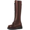 imageFSJ Women Stylish Knee High Boots Chunky Low Flat Heel LaceUp Closed Toe Mid Calf Riding Boot with Back Zipper Fall Winter Long Boots Size 415 USBrown