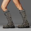 imageFSJ Women Stylish Knee High Boots Chunky Low Flat Heel LaceUp Closed Toe Mid Calf Riding Boot with Back Zipper Fall Winter Long Boots Size 415 USGrey Leopard