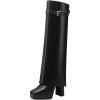 imageFSJ Women Platform Chunky Heel Knee High Boots Fold Over Closed Square Toe Back Zipper High Heels Wide Calf Chic Casual Daily Boots Size 416 USBlack