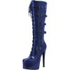 imageFSJ Women Platform Knee High Boots Buckled Strappy Round Toe Laceup Zipper Tall Stiletto High Heel Long Boots Evening Dress Shoes Size 416 USBlue