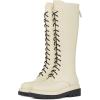 imageFSJ Women Stylish Knee High Boots Chunky Low Flat Heel LaceUp Closed Toe Mid Calf Riding Boot with Back Zipper Fall Winter Long Boots Size 415 USAntique White