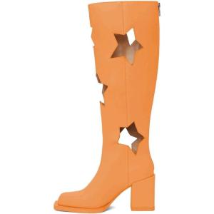 imageFSJ Women Chic Closed Square Toe Block Chunky High Heel Knee High Boots Star Cutout Back Zipper Casual Walking Shoes Size 415 USOrange